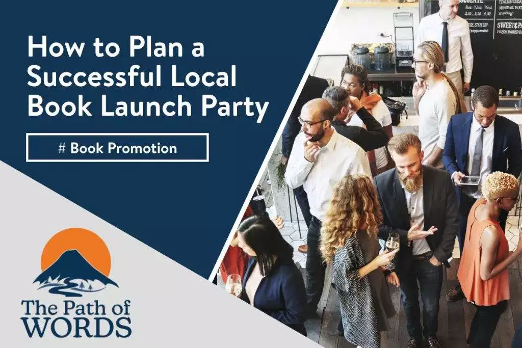 A diverse group of people socializing at a book launch party, with a presentation slide titled 