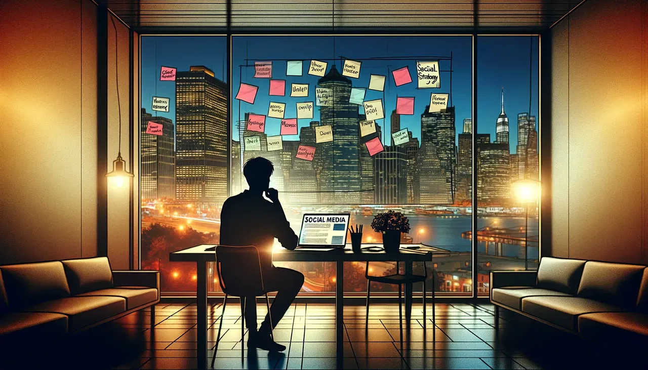 Silhouette of an author at a desk covered with sticky notes, facing a computer screen displaying 