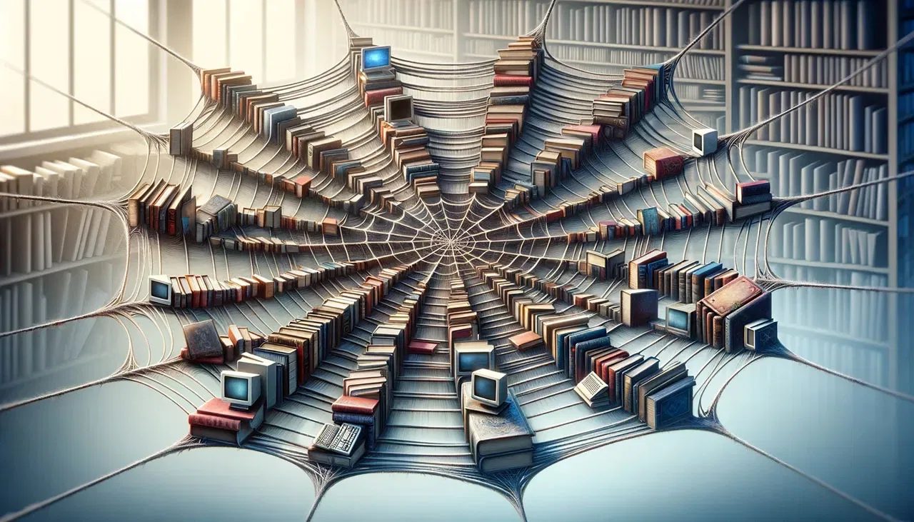 A surreal library scene featuring books on author marketing arranged in a web-like structure within a circular room, with ladders extending upwards.