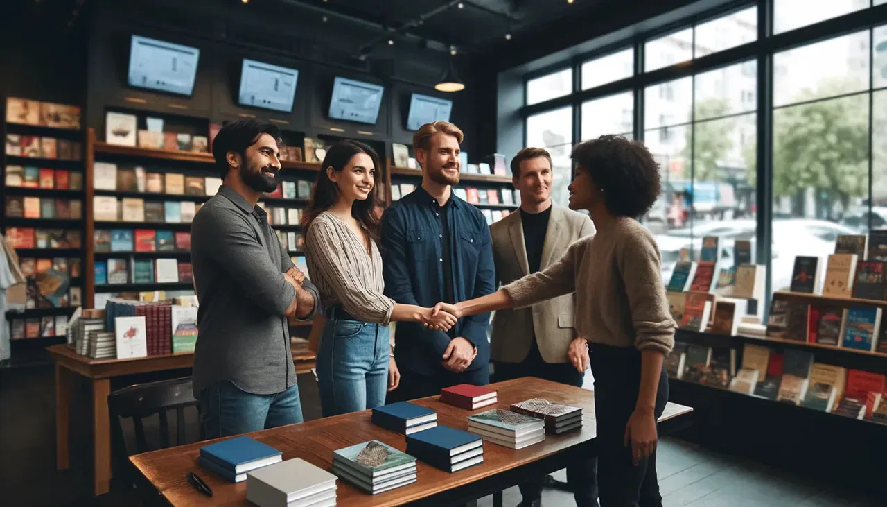 Five diverse young adults shaking hands and interacting warmly inside a modern bookstore with large windows and bookshelves in the background, during an author marketing event.