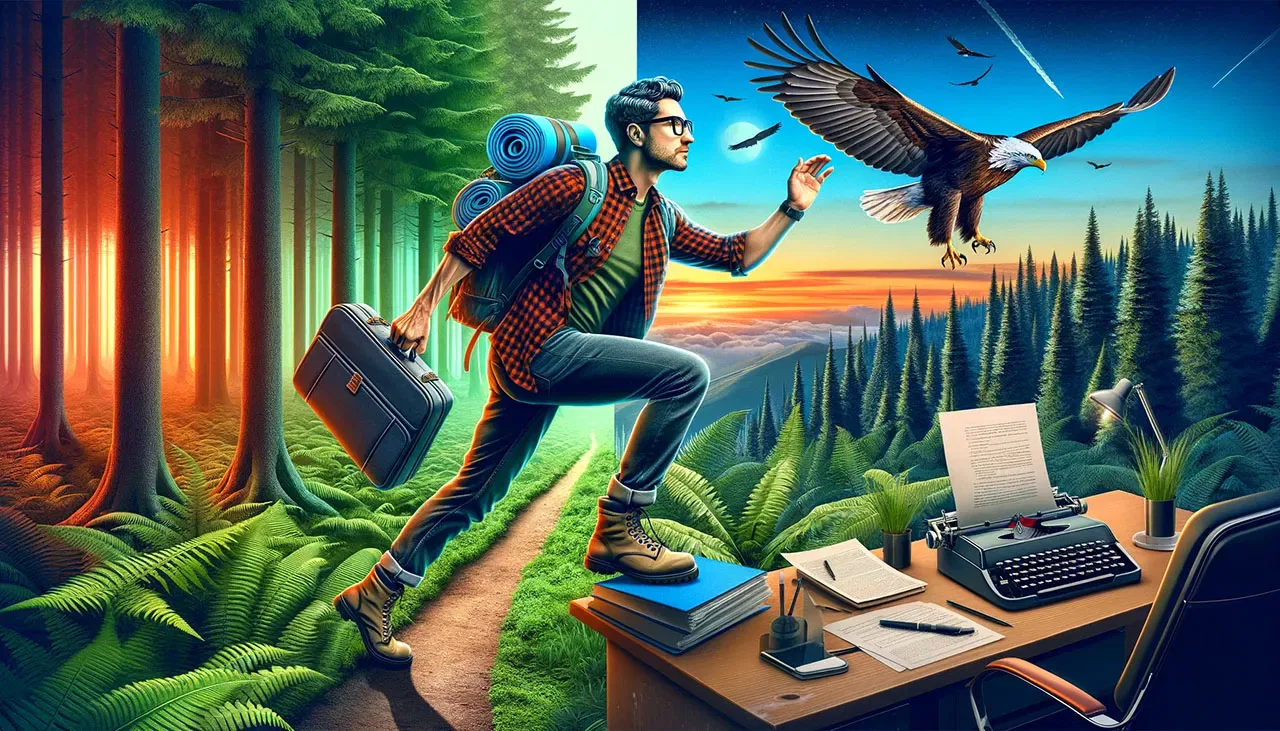 Man stepping from a forest office into a vibrant wilderness, with an eagle soaring above and sunset in the background.