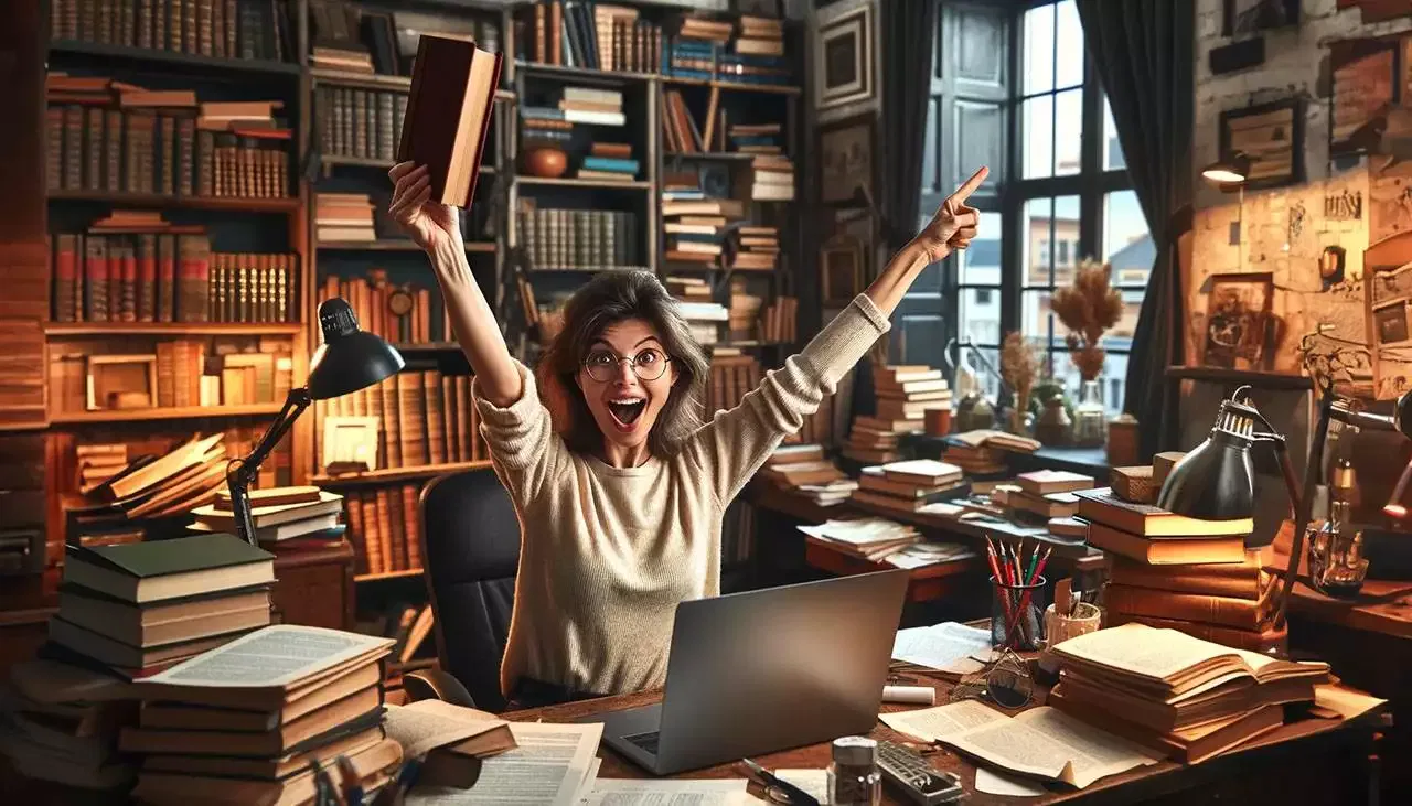 A woman in glasses, raising her arms jubilantly at a desk filled with books and a laptop, surrounded by shelves full of books in a cozy, dimly-lit study room during a successful book promotion