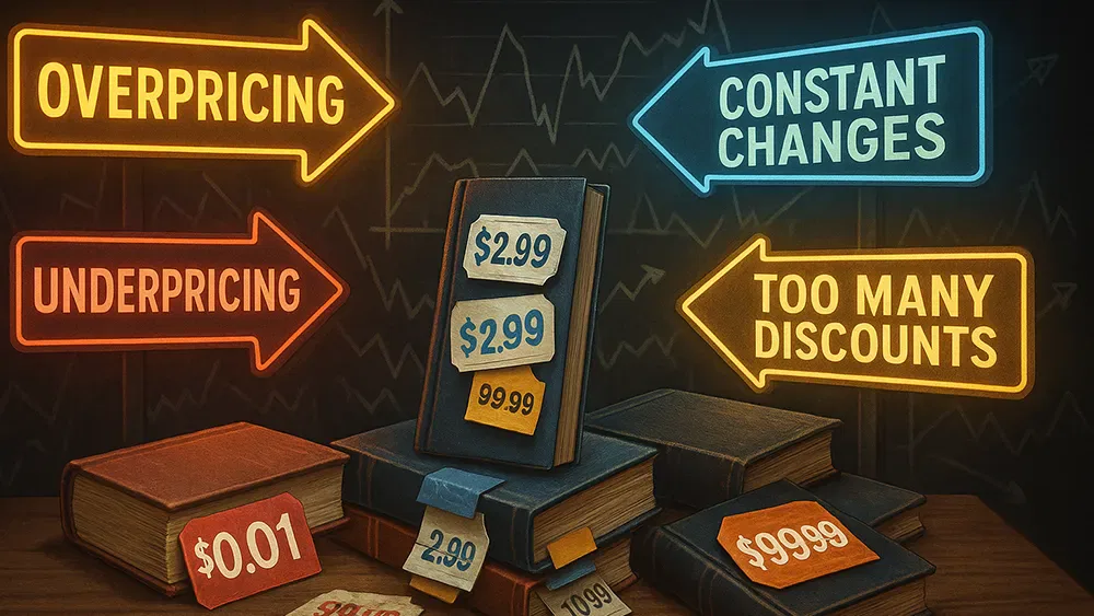 A stack of books sits in front of a chalkboard with price stickers from $0.01 to $999.99. Neon arrows highlight 