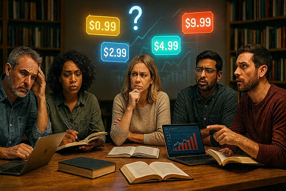 Five people sit at a table with laptops and books, looking confused and thoughtful. Colorful price tags float above, highlighting their uncertainty about Effective Pricing for Authors and smart Book Pricing Strategies.