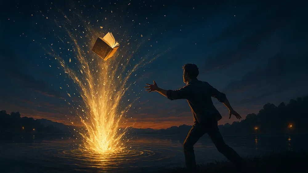 A person reaches toward an open, glowing book shooting upward from a lake, sending sparks and light into the night—an enchanting scene that captures the magic of a launch new book and inspires successful book release ideas.