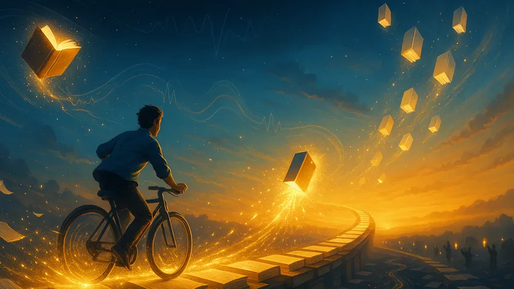 A person rides a bicycle on a winding path of glowing books, surrounded by floating, illuminated books—a scene perfect for inspiring launch new book dreams. The vibrant blue and gold sky creates a magical, surreal atmosphere with swirling light trails ahead.
