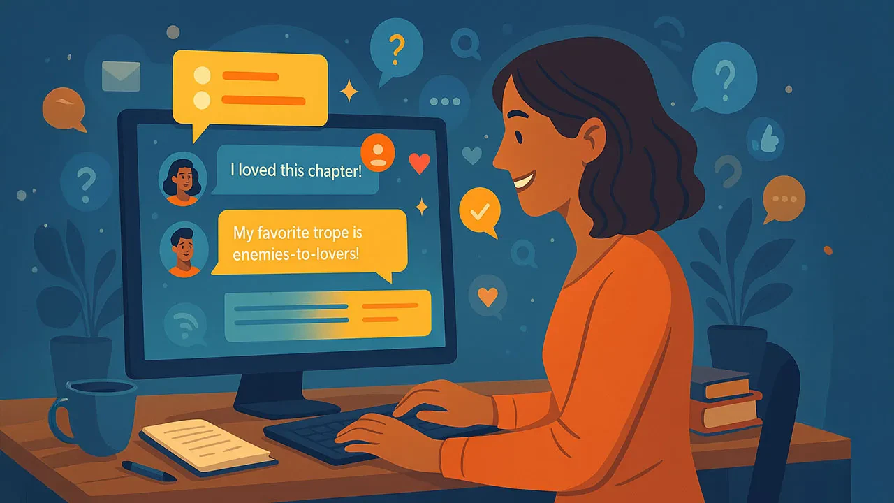 A woman smiles as she types at a desk with a computer displaying chat bubbles. The screen shows messages about loving a chapter and enjoying the