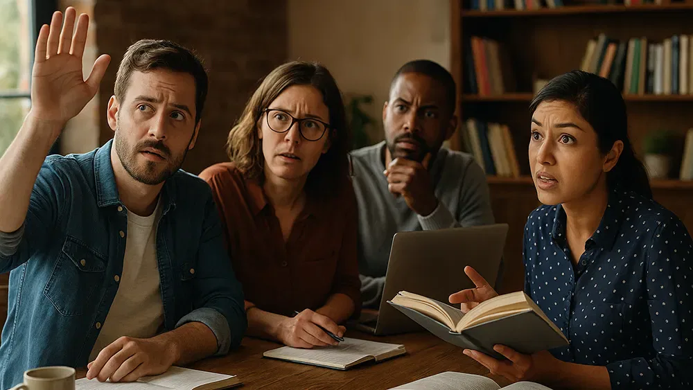 Four adults sit at a table with books and papers, looking engaged and concerned as they discuss successful book release ideas. One man raises his hand while the others listen intently, surrounded by bookshelves in the background.
