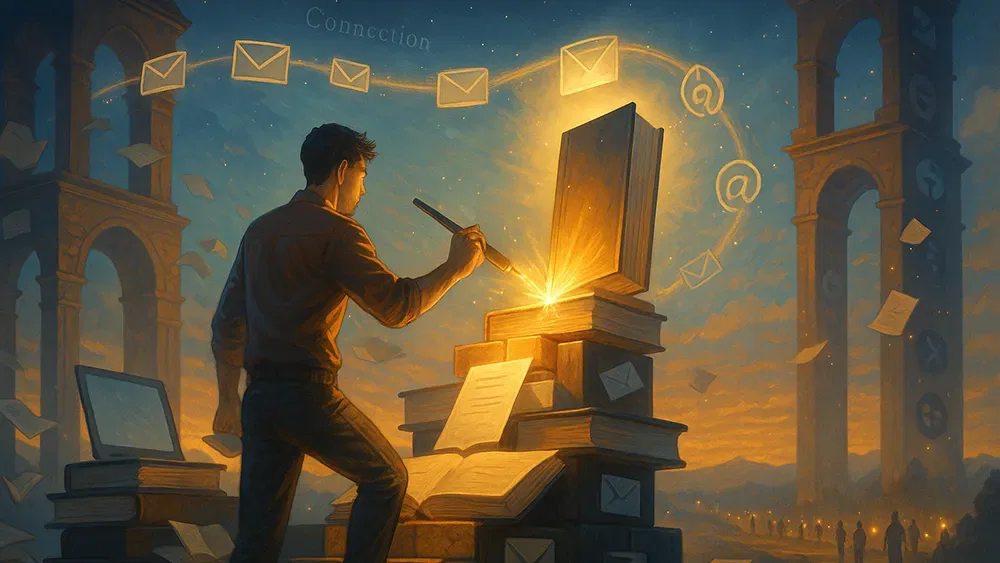 A man uses a glowing pen to write on an oversized book, surrounded by floating envelopes and books—symbols of launch new book energy. The word 