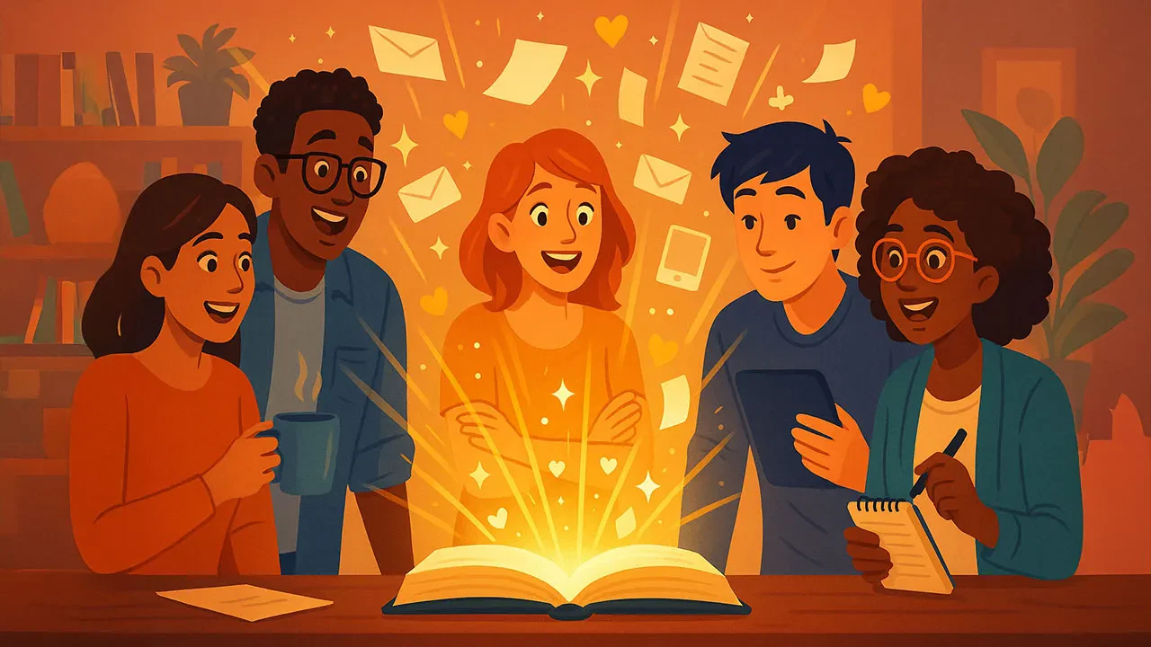 Five diverse people smile and gather around a glowing open book at a table. Letters, hearts, and sparkles float up from the book, creating a magical atmosphere. One person holds a tablet, another a mug, and another takes notes. The background shows cozy bookshelves and plants.
