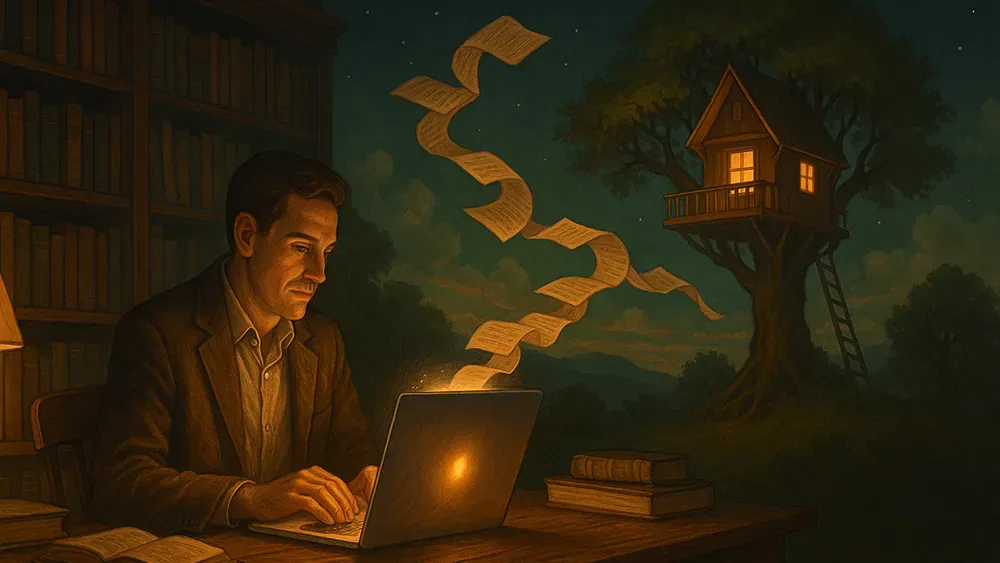 A successful author in a library types on a glowing laptop at night. Sheets of paper spiral toward a lit treehouse outside the window. Books and warm lighting create a cozy, imaginative atmosphere; stars twinkle in the night sky.