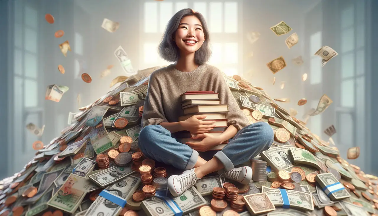 A successful young Asian author sits atop a large pile of money, holding books and smiling, with coins and bills floating around her.