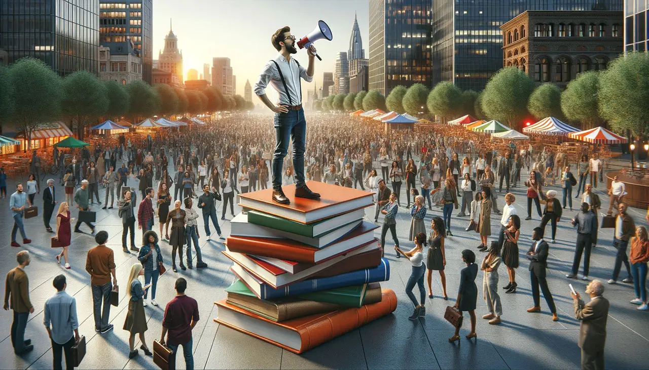 An author stands on a stack of giant books in a bustling city square, addressing a large crowd with a megaphone.