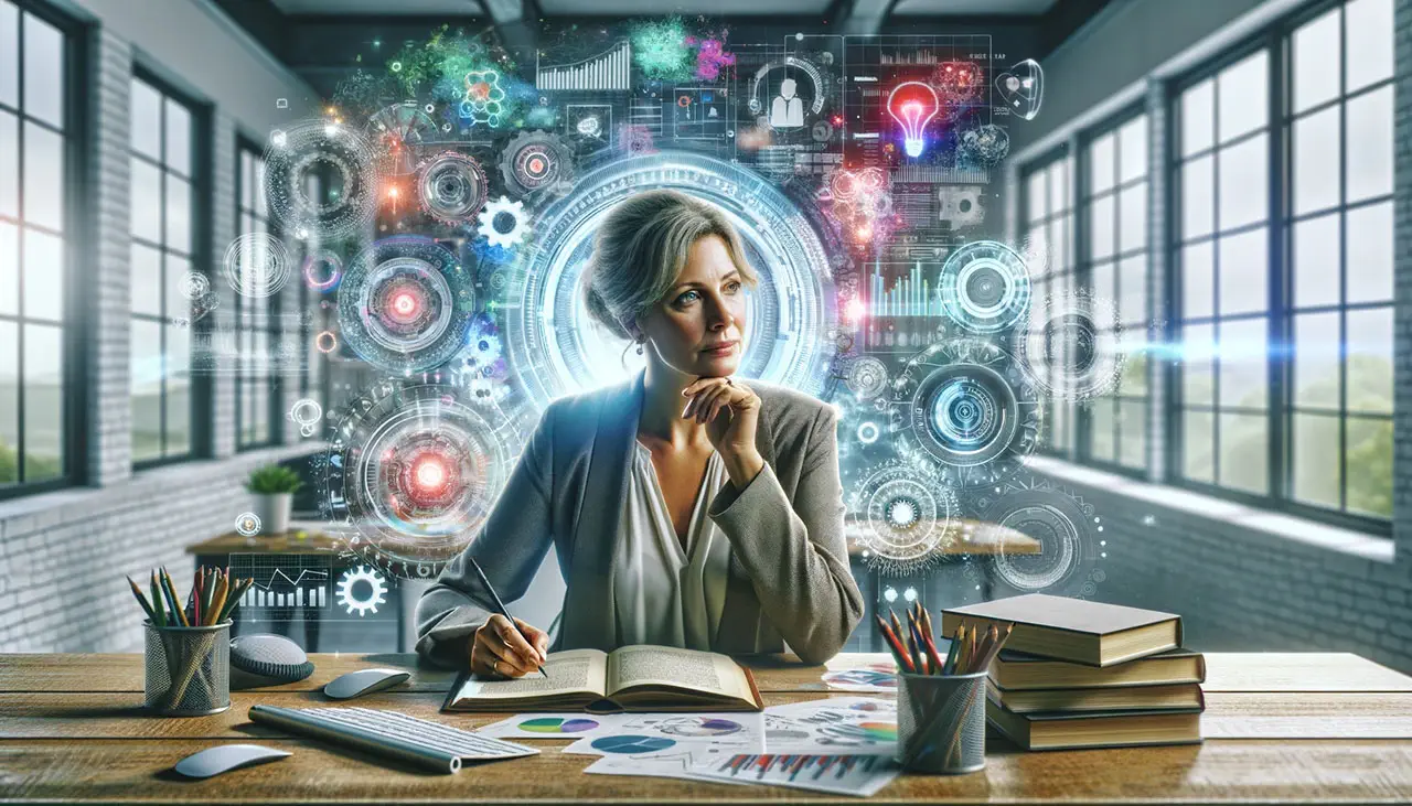 A professional author at a desk surrounded by holographic icons and graphics representing data analysis and creative thinking in a modern, bright office setting.
