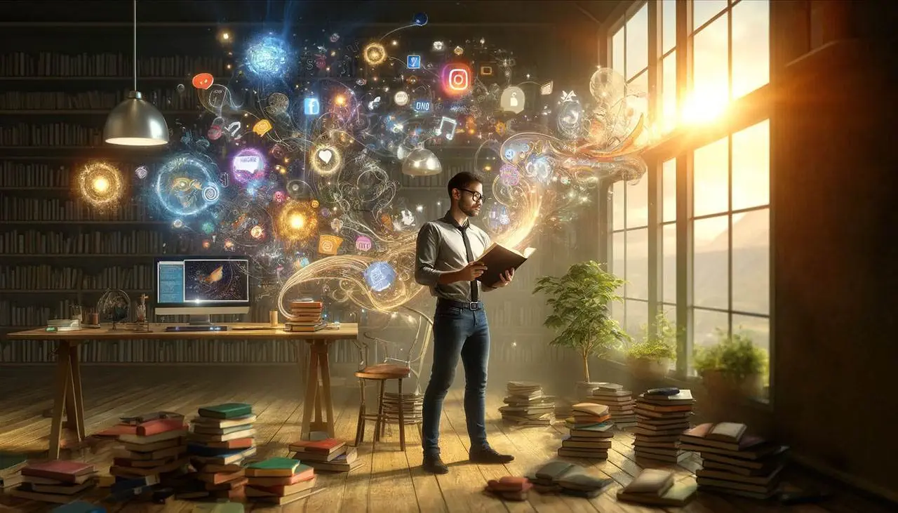 An author in a library reading a book with colorful, whimsical digital icons and symbols floating around him, suggesting a blend of technology and book marketing.