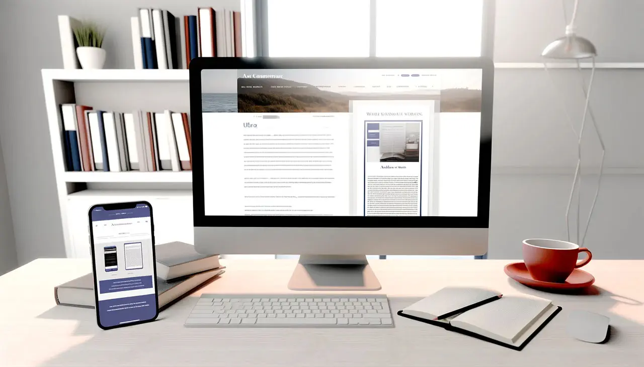 Modern workspace featuring a desktop computer displaying an author website, a smartphone, a notebook, a pen, and a coffee cup on a desk with a bookshelf in the background.