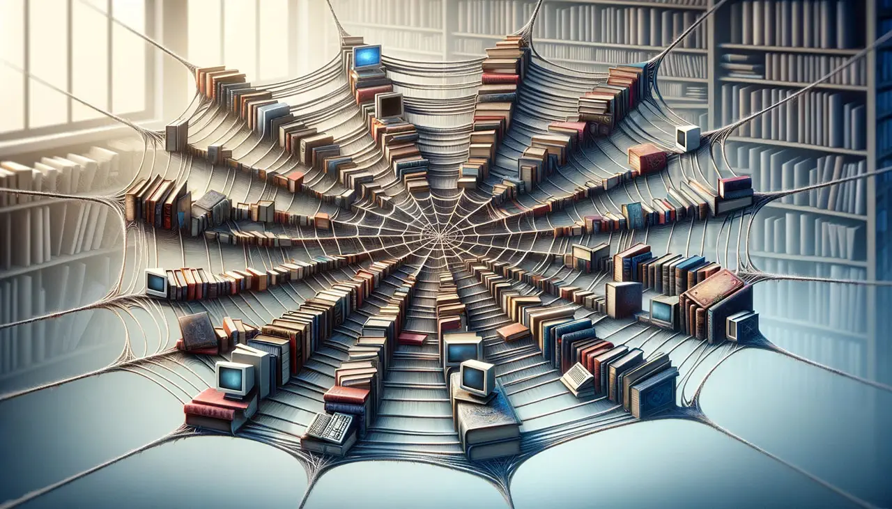 A surreal library scene featuring books on author marketing arranged in a web-like structure within a circular room, with ladders extending upwards.