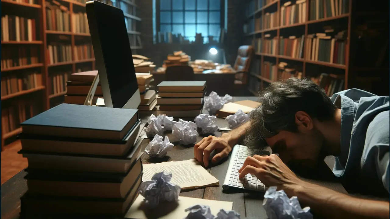 An author pounding his head on his keyboard at a desk surrounded by books and crumpled paper in a dimly lit library at night.