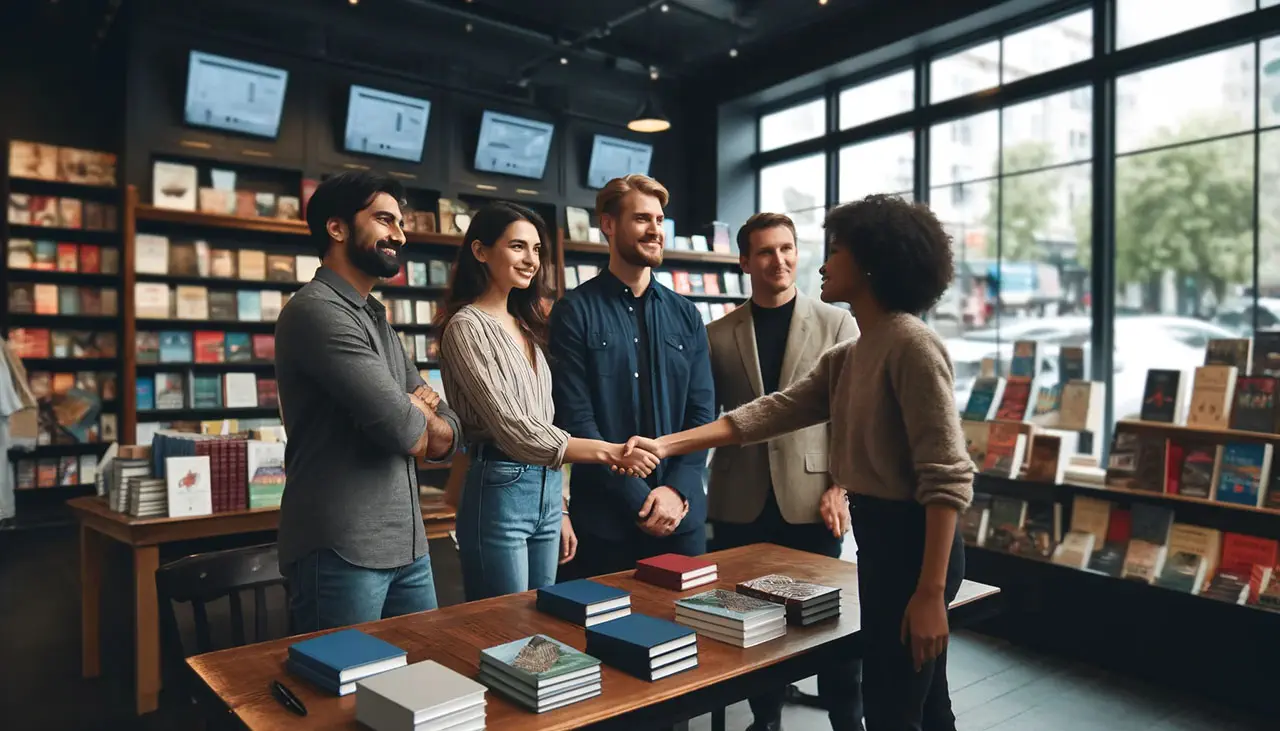 Five diverse young adults shaking hands and interacting warmly inside a modern bookstore with large windows and bookshelves in the background, during an author marketing event.