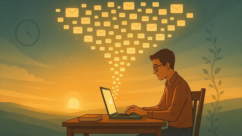 A man sits at a desk typing on a laptop as glowing email icons float upward in a V-shape. The warm background shows a sunset through a window, with soft hills, a clock on the wall, a plant, and books on the desk, creating a calm and productive atmosphere.