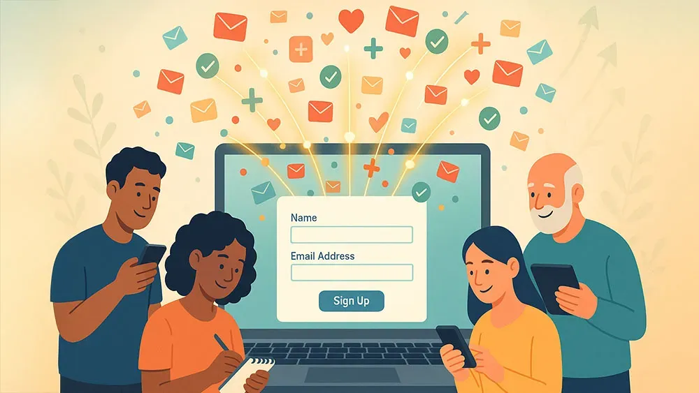 Four diverse people stand around a large laptop displaying a sign-up form. Colorful icons of envelopes, hearts, and plus signs flow from the screen, symbolizing communication and connection. Each person interacts with a device, smiling and engaged.