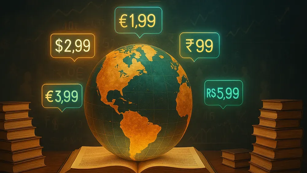 A glowing globe sits open on a large book, surrounded by stacked books. Floating price tags in dollars, euros, rupees, and reais highlight Effective Pricing for Authors and global markets—perfect for mastering Book Pricing Strategies. The background is dark and abstract.