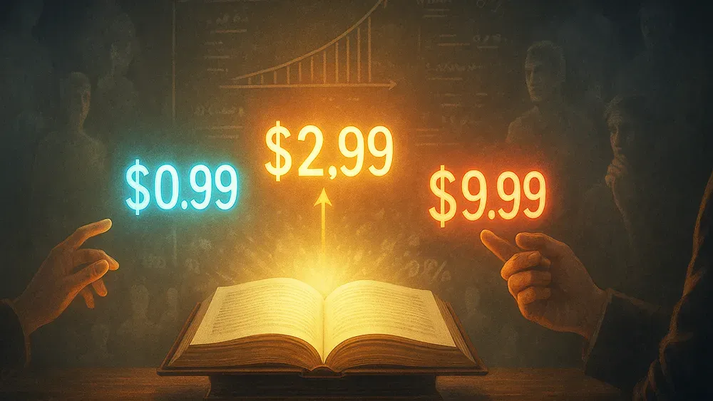 An open book glows with light at its center, symbolizing effective Book Pricing Strategies. Three price tags—$0.99 (blue), $2.99 (yellow, centered with an arrow), and $9.99 (red)—hover above it as two hands point toward the book; a blurred chart and figures fade in the background.