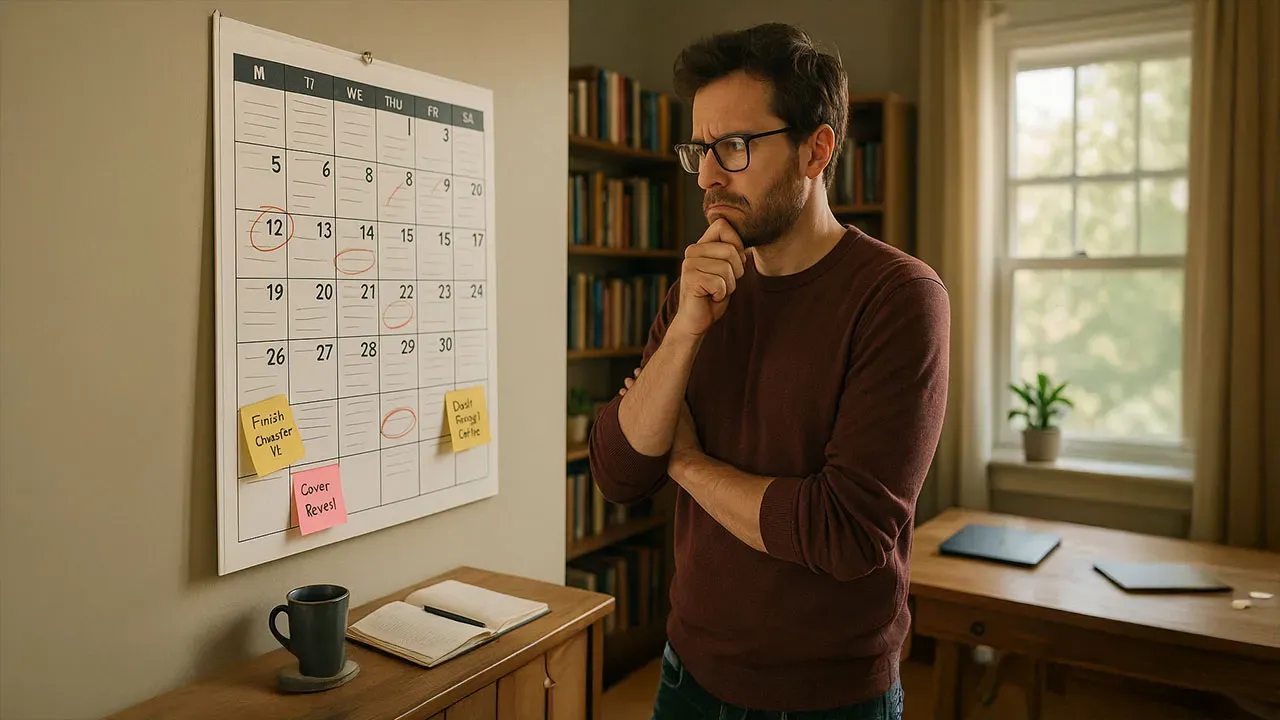 A man in glasses and a maroon sweater stands thoughtfully by a wall calendar with dates and tasks marked. Sticky notes read 