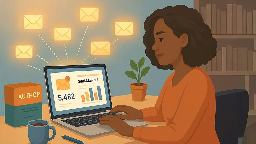A woman sits at a desk typing on a laptop displaying email subscribers data, graphs, and 5,482 subscribers. Email icons float above the screen. There’s a coffee cup, a plant, a box labeled “AUTHOR,” and bookshelves in the background.