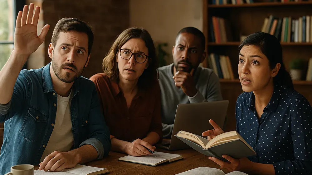 Four adults sit at a table with books and papers, looking engaged and concerned as they discuss successful book release ideas. One man raises his hand while the others listen intently, surrounded by bookshelves in the background.