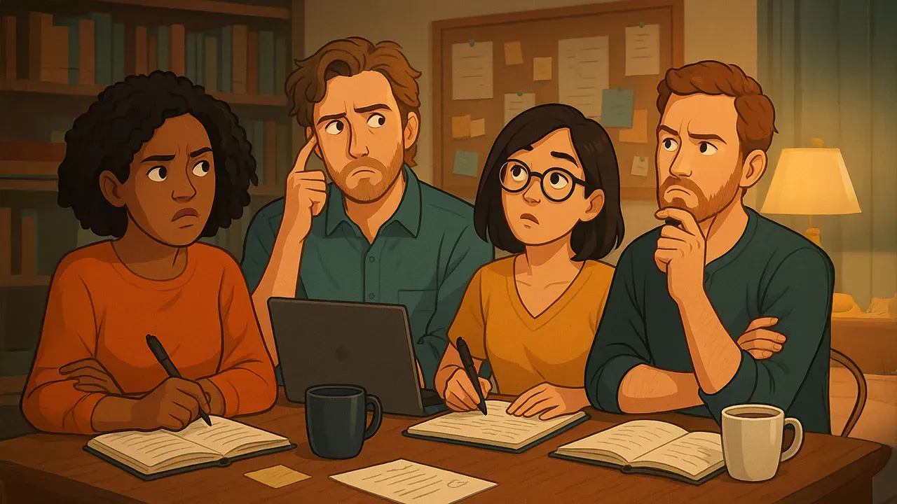 Four people sit at a table in a cozy room, appearing deep in thought as they take notes. Notebooks, pens, mugs, and a laptop are on the table. Bookshelves and a bulletin board are in the background, lit by a warm lamp.