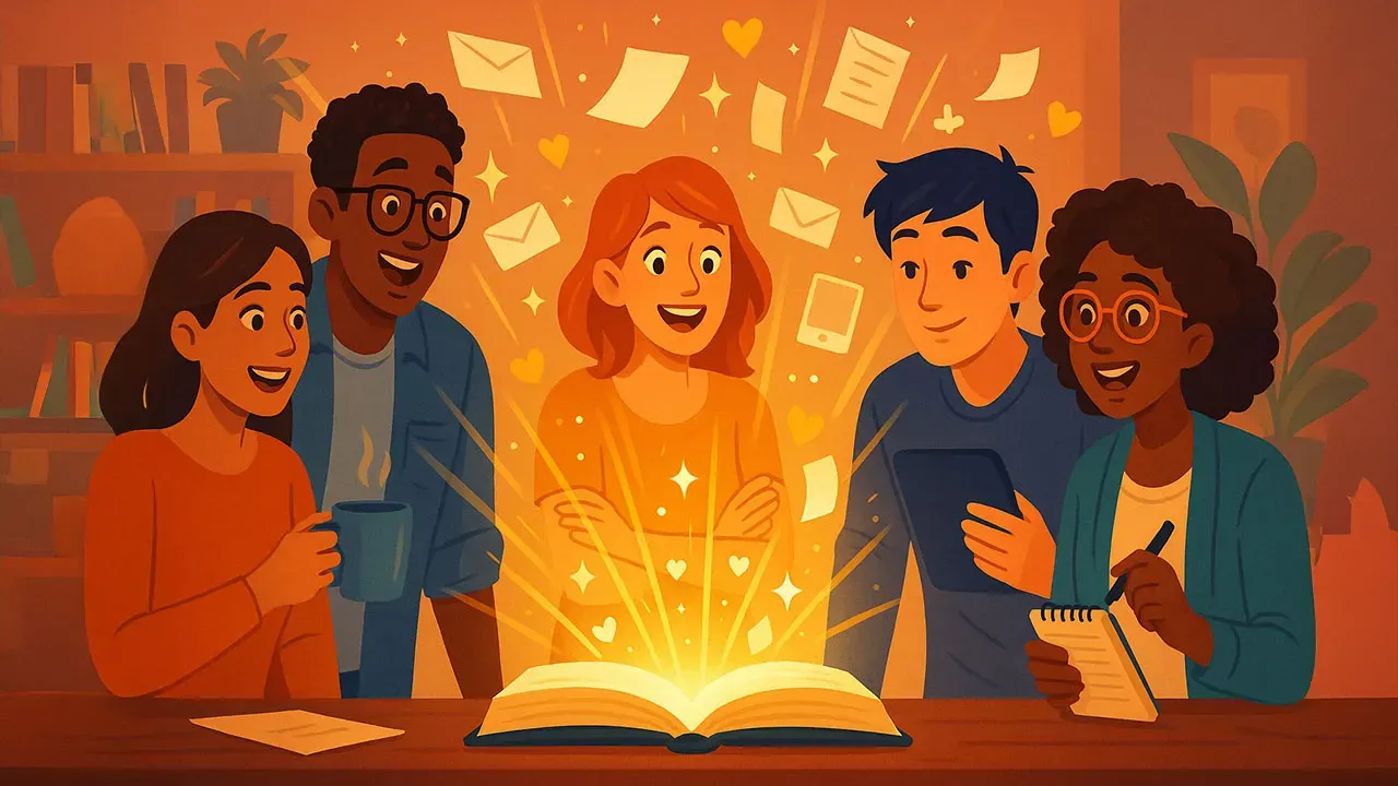 Five diverse people smile and gather around a glowing open book at a table. Letters, hearts, and sparkles float up from the book, creating a magical atmosphere. One person holds a tablet, another a mug, and another takes notes. The background shows cozy bookshelves and plants.