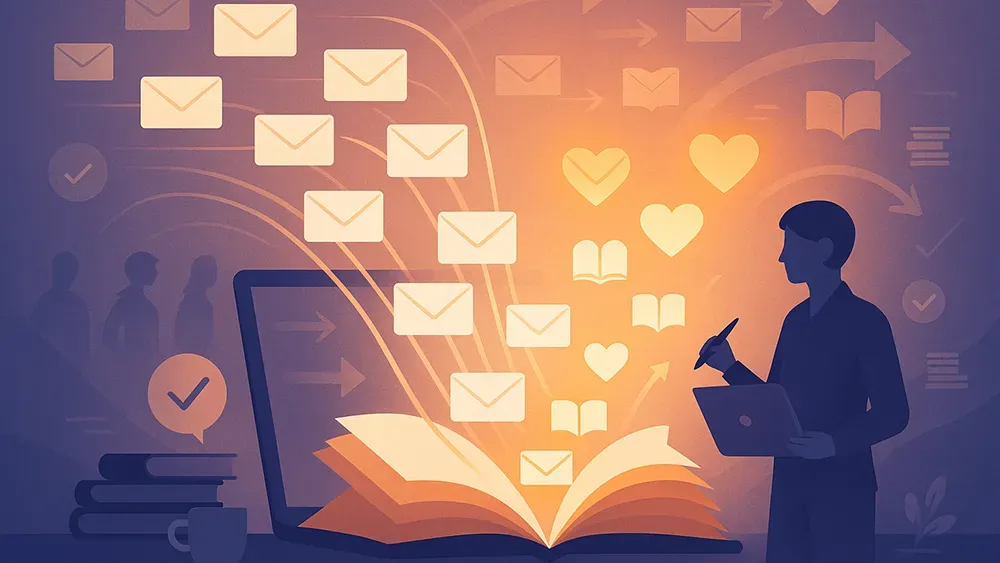 A person holding a laptop and stylus stands beside an open book, with envelopes, hearts, and books floating from the pages toward a large laptop screen—reflecting the power of an author platform and digital communication in growing an engaged author email list.