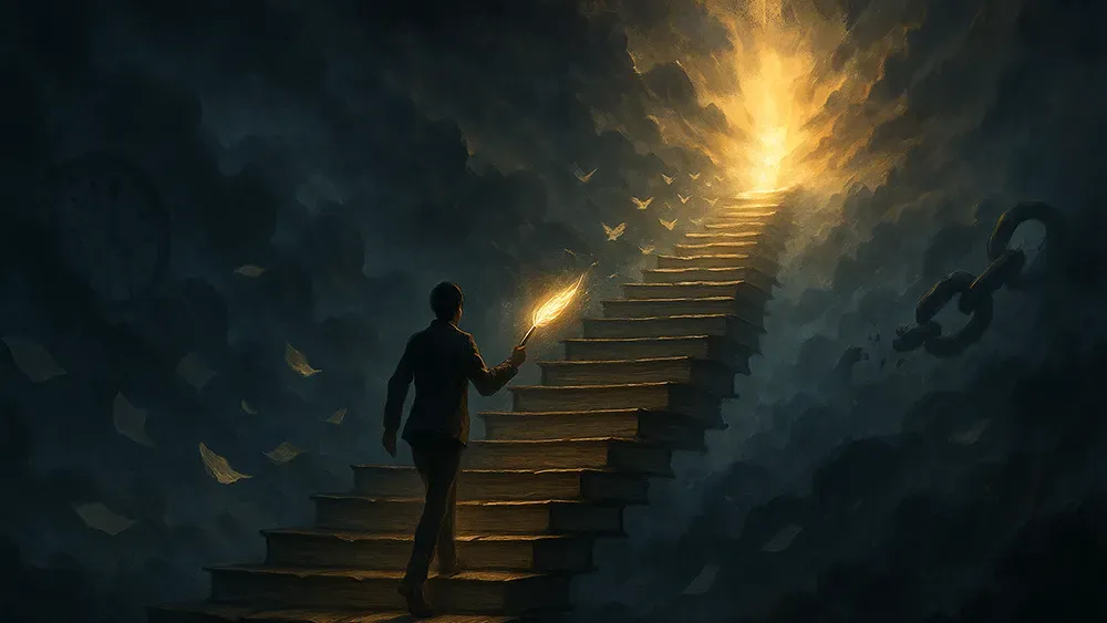A person holding a glowing torch walks up a staircase made of books toward a bright, golden light—a surreal vision symbolizing the journey to a successful author, with chains breaking and time passing in the dreamlike scene.