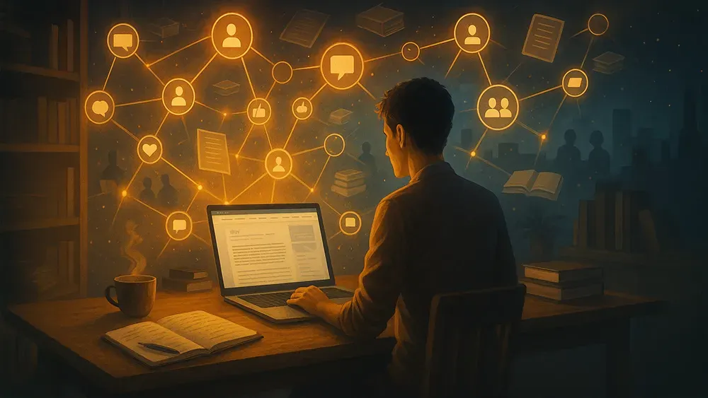 A person sits at a desk in a dimly lit room, using a laptop. Glowing network icons and lines float, connecting symbols of people and books—illustrating knowledge sharing, digital communication, and the journey to a successful author or writing career.