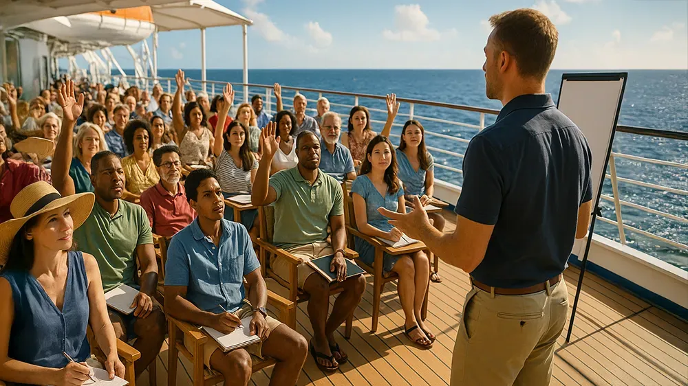 A successful author stands beside a flip chart, addressing a diverse group on a ship’s deck. Many audience members have raised hands as the ocean and blue sky create a relaxed, outdoor seminar focused on your author platform.