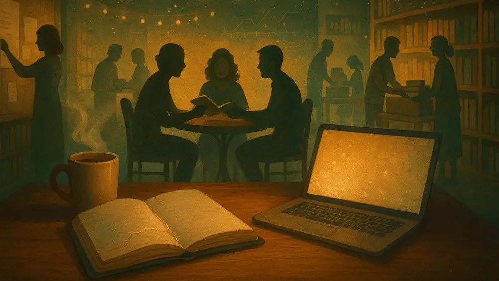 A warmly lit library scene shows people reading, writing, and discussing in small groups. In the foreground, a table holds an open book—perhaps by a successful author—a laptop, and coffee. Bookshelves and string lights add a cozy, studious atmosphere in the background.