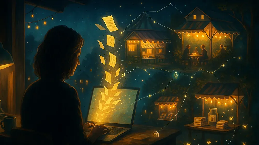 A person types on a glowing laptop at night, golden pages floating from the screen. Cozy houses linked by dotted lines appear in the background, symbolizing your author platform and the warmth of digital connection for a successful author.