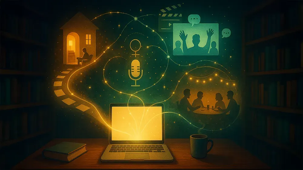 A glowing laptop sits on a desk with a book and coffee mug. Golden lines connect the screen to scenes—your author platform in action: a house with someone reading, a group video chat, and lively discussions—all set against shelves of books and a starry background.