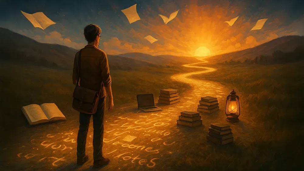 A person stands on a glowing path at sunset, surrounded by books, papers, a laptop, and a lantern—pages float in the air as luminous writing guides their journey to the sunlit hills, reflecting the beginnings of a successful author’s writing career.