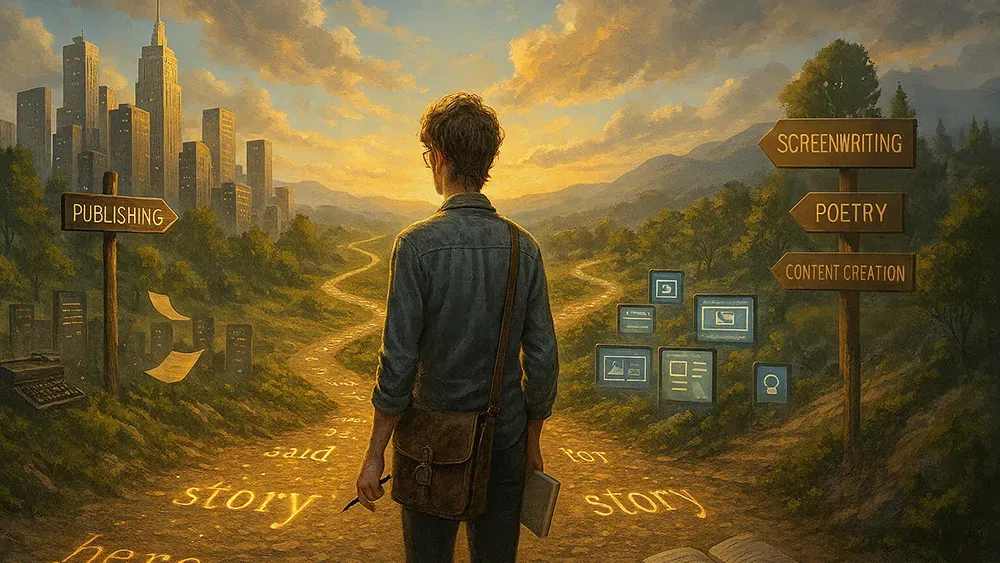 A person with short hair and glasses stands at a forked path, notebook in hand, pondering their writing career. One path leads to “Publishing,” the other to “Screenwriting,” “Poetry,” and “Content Creation,” with text and images floating along both routes.
