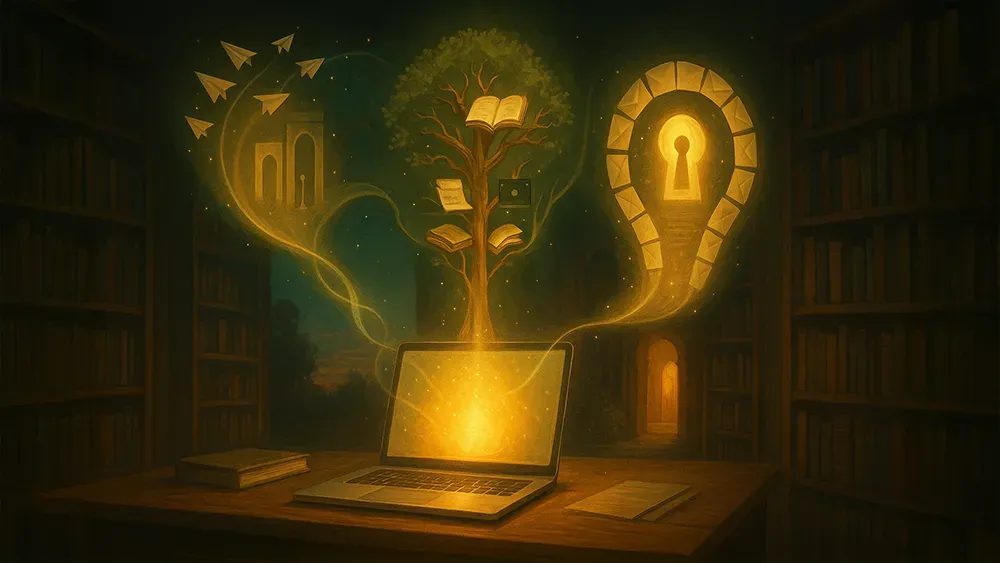 A glowing laptop on a wooden desk in a dim library emits magical golden streams. One forms a tree with floating books symbolizing a successful author; another shapes a keyhole, hinting at your author platform through discovery and imagination.