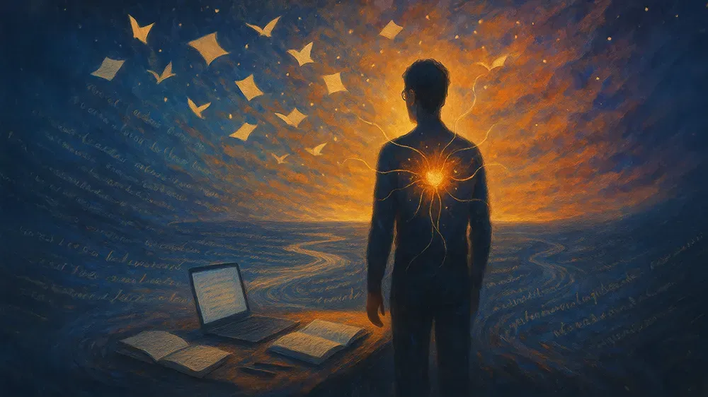 A person stands by water at sunset, surrounded by books and a laptop. Light glows from their chest, connected to the sky, where pages and birds soar—capturing the journey of a successful author and the inspiring flow of a writing career.