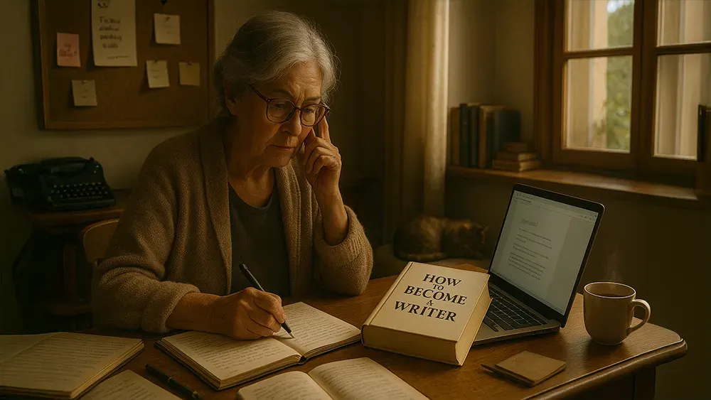 An elderly woman with gray hair and glasses sits at a desk, writing in a notebook. A book titled 