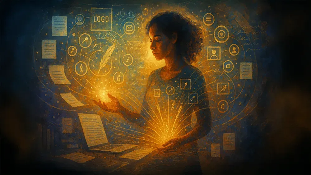 A successful author stands before a glowing laptop, surrounded by floating papers and digital icons. Warm, golden light radiates from her hands and the laptop, symbolizing creativity and digital inspiration on her writing career journey.