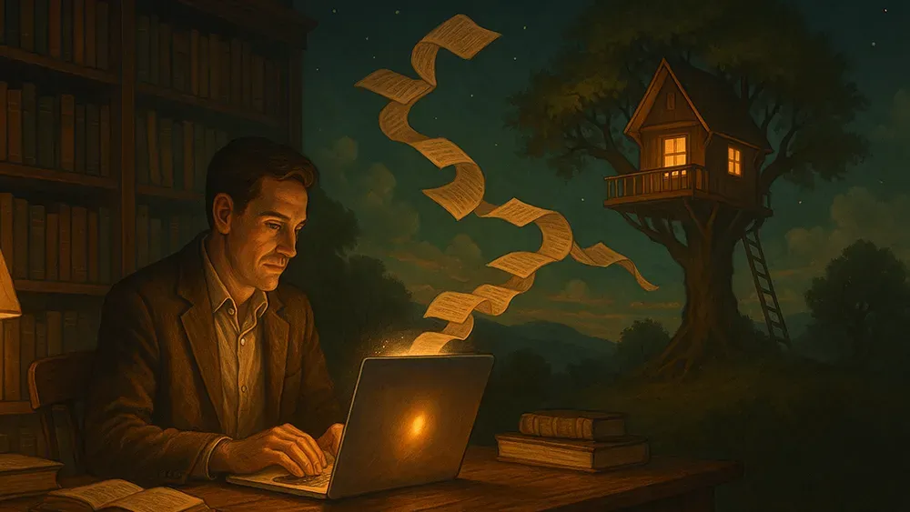 A successful author in a library types on a glowing laptop at night. Sheets of paper spiral toward a lit treehouse outside the window. Books and warm lighting create a cozy, imaginative atmosphere; stars twinkle in the night sky.