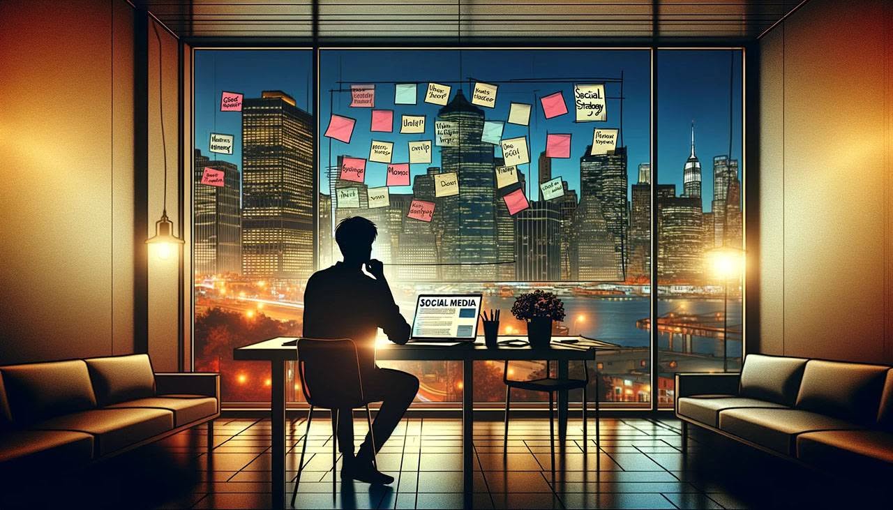 Silhouette of an author at a desk covered with sticky notes, facing a computer screen displaying "social media," working on his author marketing plan with a cityscape visible through a window at night.