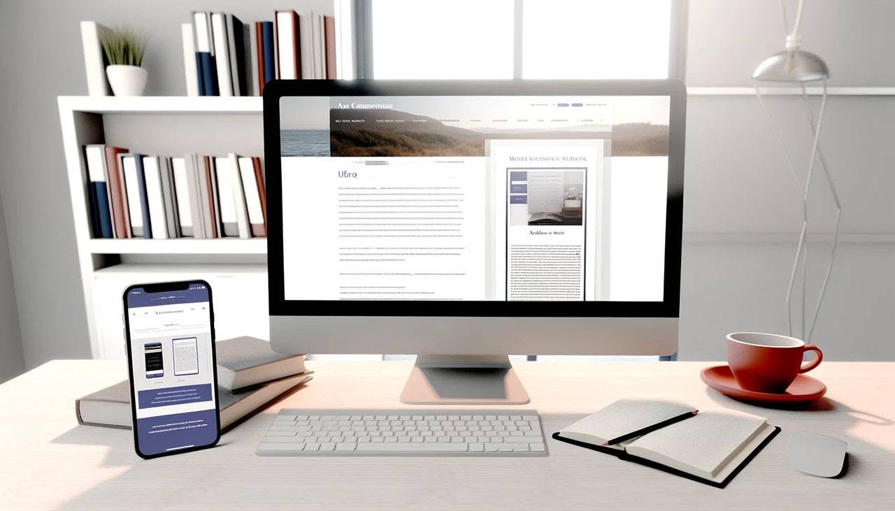 Modern workspace featuring a desktop computer displaying an author website, a smartphone, a notebook, a pen, and a coffee cup on a desk with a bookshelf in the background.