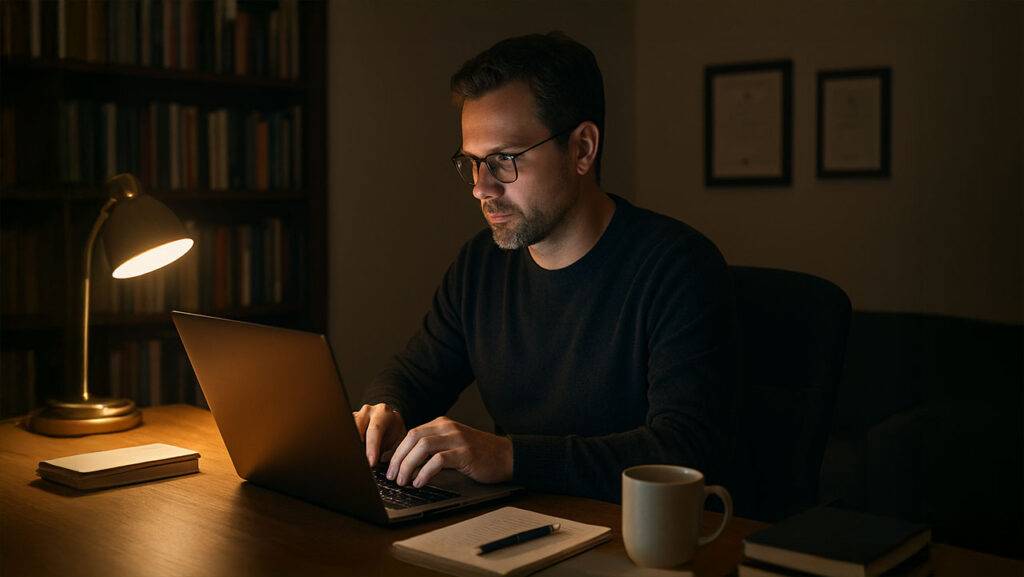 An author wearing glasses and a dark sweater works on a laptop at a wooden desk in a dimly lit room. Bookshelves, framed certificates, a notebook, a pen, and a mug are visible on and around the desk, creating a focused, cozy workspace atmosphere.