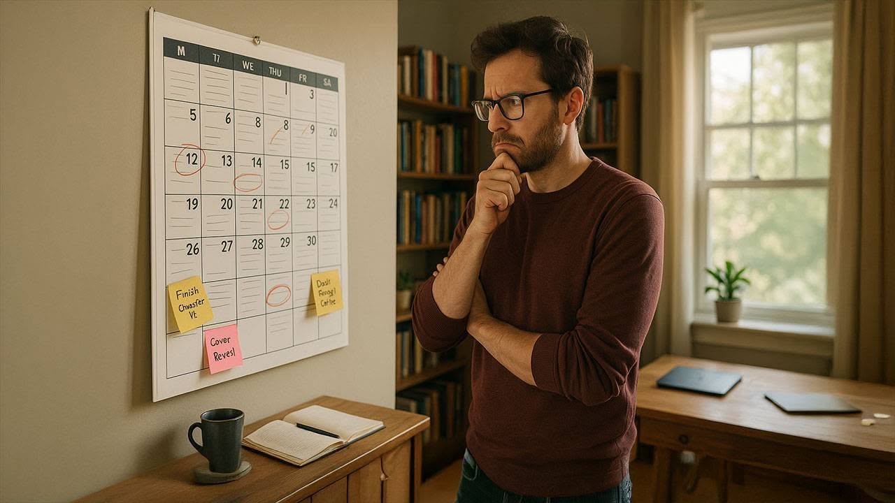 A man in glasses and a maroon sweater stands thoughtfully by a wall calendar with dates and tasks marked. Sticky notes read "Finish Chapter 12!" and "Career Review." Behind him is a tidy home office with bookshelves, a desk, and a window.